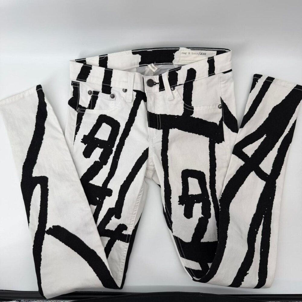 Rag & Bone Vintage White + Black Artist graphic print skinny slim jeans sz 26